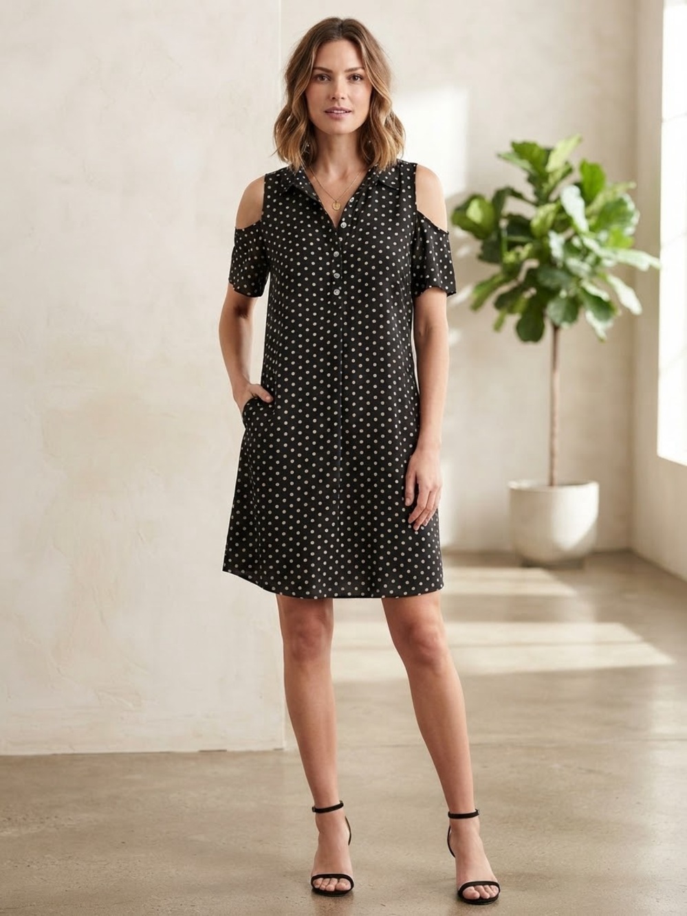Lily White Black Polka Dot Cold-Shoulder Shift Dress